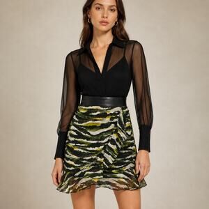 DKNY NWT Mini Skirt Black Green Abstract Print Faux Leather Waist Size 14